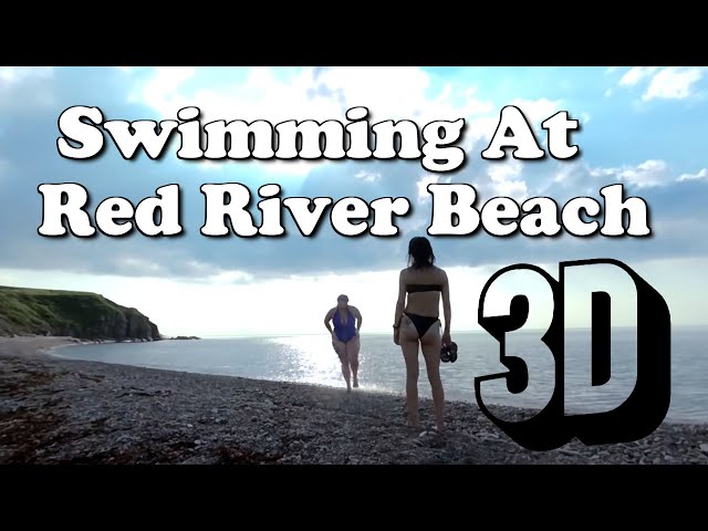 Cabot Trail. Cape Breton. Nova Scotia. Swimming at Red River Beach, Pleasant Bay , VR Video 180 3d