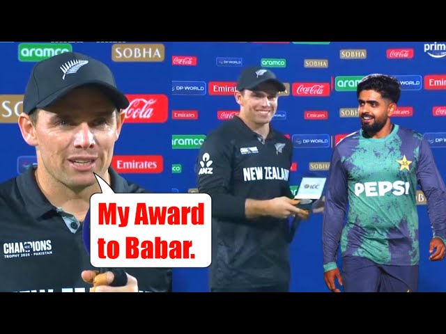 Tom Latham shares his MOTM award with Babar Azam after the win against Pakistan in Champions Trophy