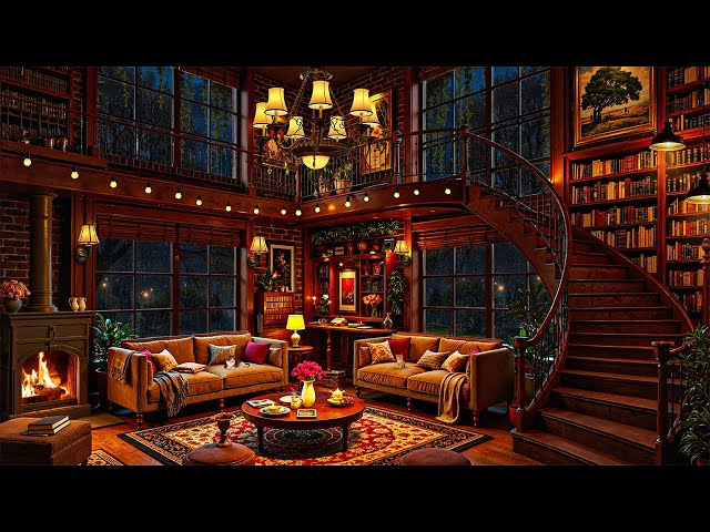 Rainy Night at Cozy Library Lounge 🌧️ Warm Fireplace, Spiral Staircase & Smooth Jazz for Relaxation