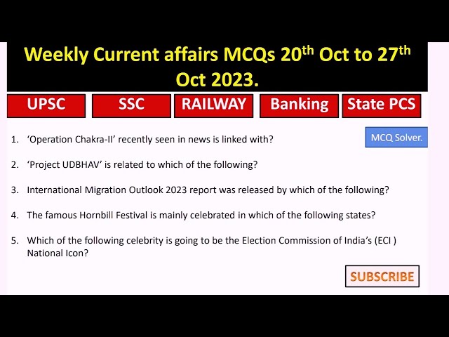 Current affairs mcqs 2023 | Weekly Current affairs MCQs 20th Oct to 27th Oct| Competitive exam MCQs