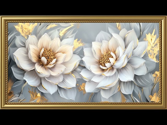 Vintage White Peonies Painting | Gold Frame TV Art | Art Screensaver for TV 2 Hrs