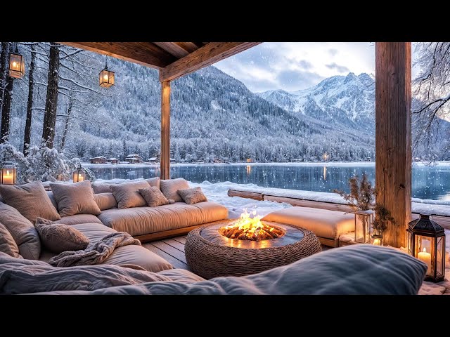 Relax by a Snowy Lakeside Cabin on a Winter Night ❄️ Snowfall Ambience & Crackling Fireplace