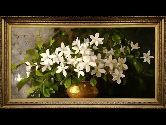 Royal Jasmine Flowers, Vintage Still Life Oil Painting | Gold Framed Art Screensaver for TV