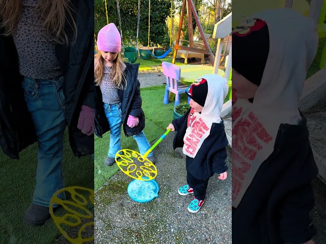 Big Sis shows Jakie Jake how to make huge bubbles! Dad don’t blow bubbles! #ninjakids #play #funny