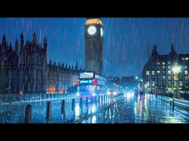 London Heavy Rain Walk - Summer 2024 ☔️ Walking the Wet Streets from Dusk to Night · 4K HDR