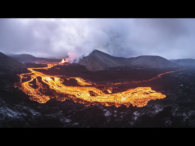 Lava rivers and clouds - Video from August 6, 2022, at the Volcano in Iceland - 4K