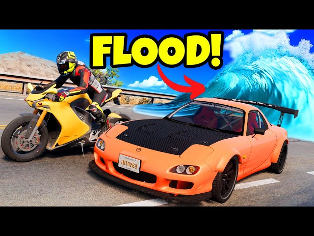 Escape The Flood But With Upgraded Motorcycles and Cars in BeamNG Drive Mods!