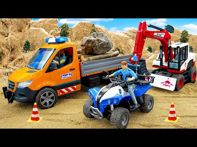 Police Car Catches Robbers - Excavator and Truck Stealing Wood  - Fun Construction Vehicle Story