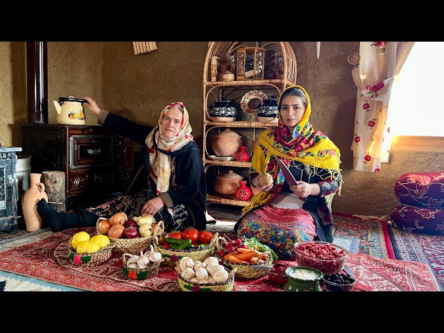 Stormy Day in the Village | Cooking Tas Kebab & Baking Bread in a Wood-Fired Stove