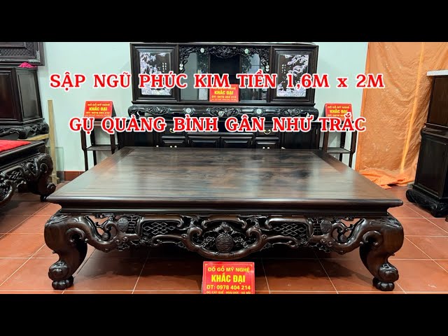 Sập ngũ phúc kim tiền 1.6m X 2m gụ ta Quảng Bình vân như trắc.Đồ gỗ mỹ nghệ Khắc Đại:0978 404 214