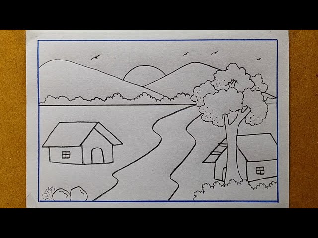 Easy scenery drawing with pencil| Village scenery drawing| Landscape scenery drawing| House scenery