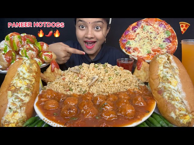 PANEER HOTDOG 🌭FRIED RICE WITH MANCHURIAN, PIZZA 🍕 DAHI PURI, SAMOSA CHALLENGE 🤤 BIG BITES 🌶️