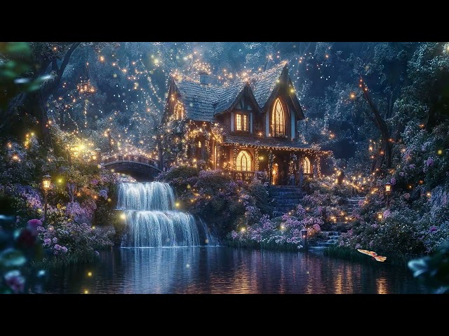 🏡Enchanted Cottage by the Waterfall at Night 🌙 | 1.5 Hours of Magical Ambience & Calming Music 🎶