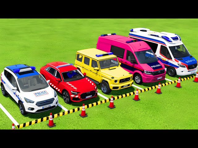 TRANSPORTING FORD, AUDI, VOLKSWAGEN POLICE CARS & MERCEDES AMBULANCE VEHICLES WITH TRUCKS ! FS22