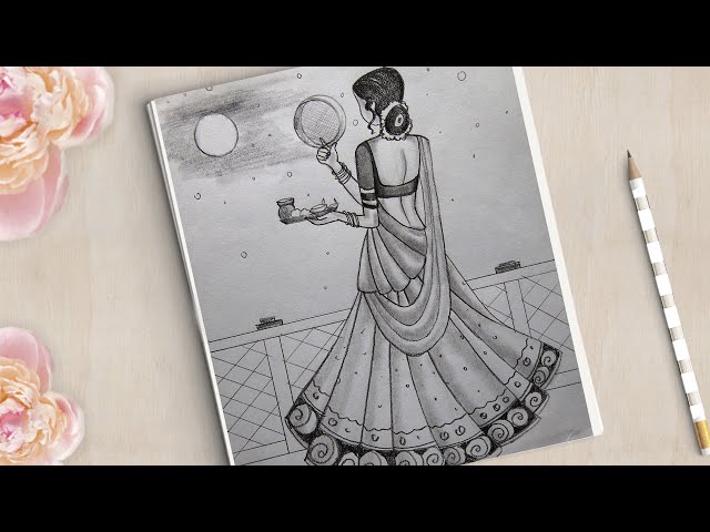 Traditional Karwa Chauth Drawing very easy || How To Draw Karwa Chauth Pencil Drawing