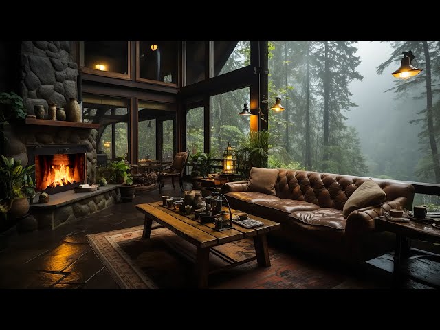 Smooth Instrumental Jazz Music - Rainy Day at Cozy Attic House Ambience & Relaxing Fire Crackling 🔥