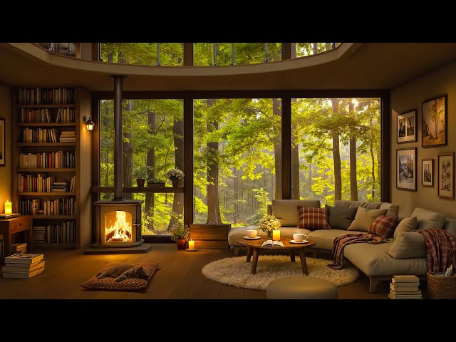 Relaxing Spring Morning in Cozy Cabin with Soft Jazz Music & Fireplace Sounds for Reading