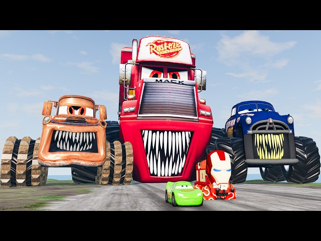 Compilation: Escape From The Giant Pixar Monsters Trucks Eater VS Lightning McQueen Beamng Drive #66