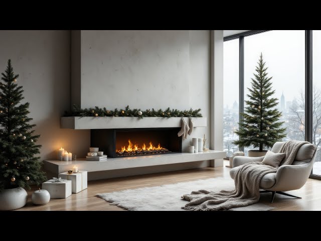 Modern Christmas Jazz with Crackling Fire - Cozy Fireplace & Snowy City Ambience