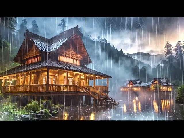 End Insomnia Immediately with Heavy Rain,Thunderstorm Sounds on a Wooden Roof in Deep Forest Relieve