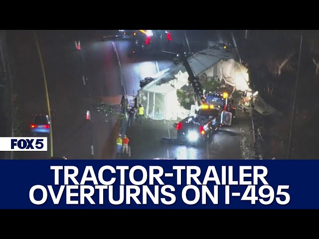 Overturned tractor trailer causes delays on I-495 in Bethesda | FOX 5 DC