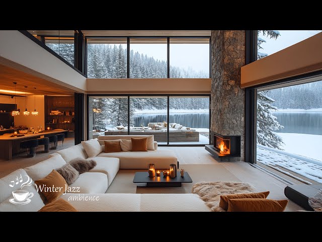 Warm Living Room with Winter Ambience by the Lake❄️Cozy Jazz with Fireplace for Relax, Study & Chill