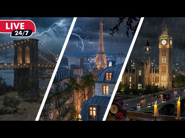 Iconic City Ambiences Live 24/7 | Rain & Distant Thunder Sounds for Study and Relaxation