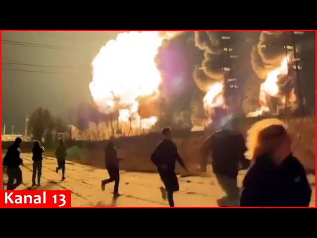 Look how it explodes - close-up footage of the burning oil base hit in Russia