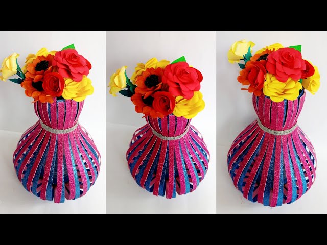 How to make flower vase with glitter sheets & waste plastic bottle/ DIY flower pot / Homedecor ideas