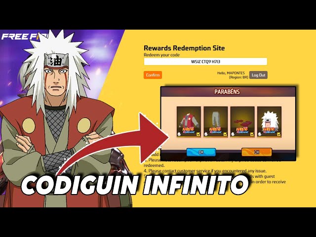 SAIU AGORA 2 CODIGUIN INFINITO DE GRAÇA - FF X NARUTO - SKIN DO JIRAYA DE GRAÇA