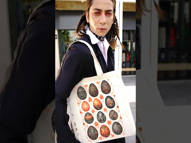 Fabergé easter egg design tote bag video featuring a serious man in a cosplay outfit 2 on my Etsy