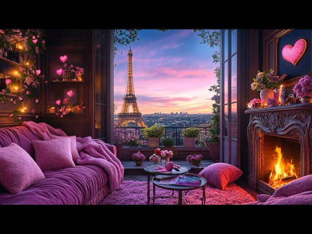 Cozy Pink Paris Valentine's Day Ambience 💕 Romantic Eiffel Tower View & Fireplace for Relax & Sleep