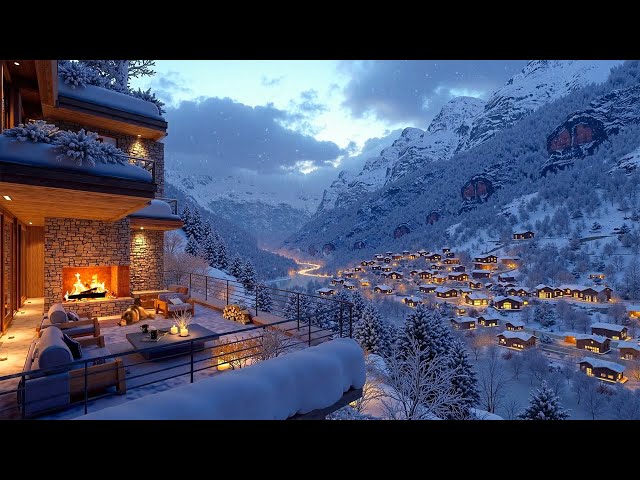 Relaxing Winter Terrace | Smooth Piano Jazz, Coffee & Fireplace with Falling Snow in a Cozy Retreat