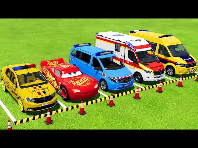 TRANSPORTING POLICE CARS and AMBULANCE VEHICLES WITH TRUCKS TO THE GARAGE ! Farming Simulator 22