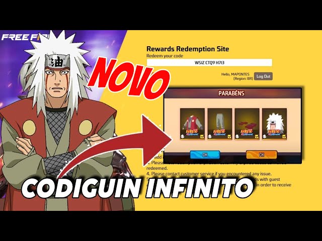 CORRE SAIU TERCEIRO CODIGUIN INFINITO DE GRAÇA - FF X NARUTO - SKIN DO JIRAYA DE GRAÇA