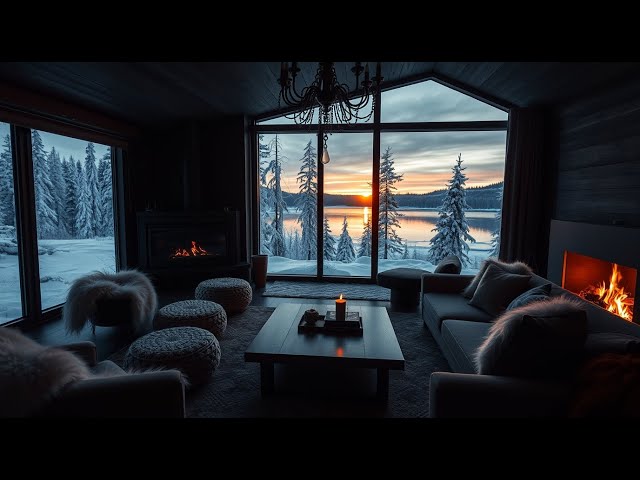 4K Sunrise By The Lake In Winter Ambience - Crackling Fireplace & Snowy Ambience for Relaxation