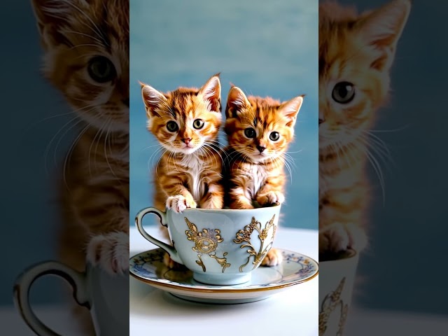 Cute Kittens Cup Teacup💖Adorable Sweet Kitty Cats💖Red Funny Furry tiny little cat💖ASMR Drinking AI