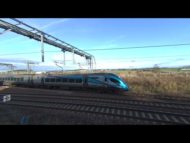 Transpennine Train passing Carstairs on 2024-12-03 at 13:09 in VR180