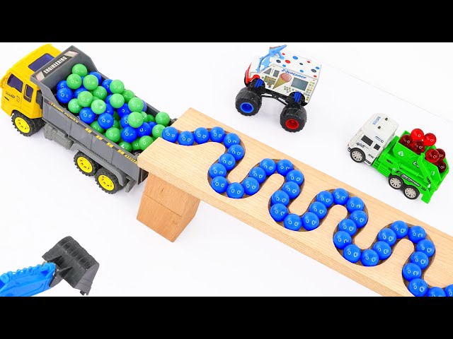 Marble Run ASMR Race ☆ HABA Slope & Dump Truck Excavator Ambulance Forklift Garbage Truck Tractors8