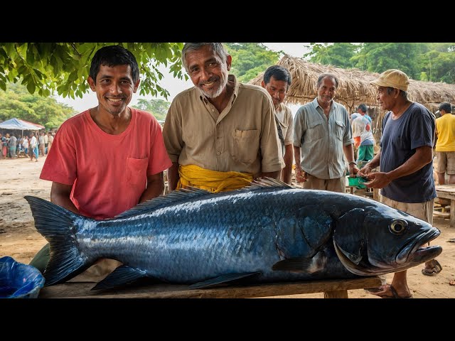 Traditional Fish Cutting in a Bustling Village Fish Market