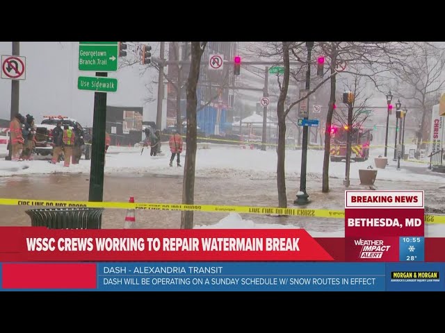 Water main break turns Bethesda street into a river on snowy day