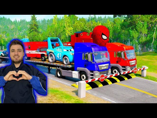 Double Flatbed Trailer Truck vs Speedbumps Train vs Cars Beamng.Drive vs McQueen