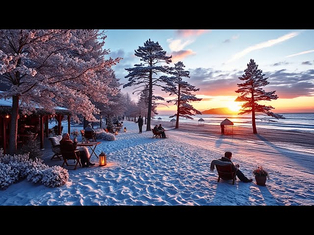 Romantic Winter Getaway🌸 Smooth Jazz Piano | Coffee, Snowfall & enjoying the sunset on the beach