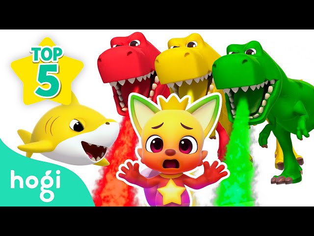 [👍🏻Best 5] Learn Colors with Hogi｜Dinosaur Cooking, Shark Family, Train, Police Car, Fire Truck