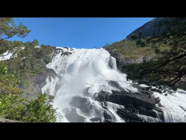 Scenic nature featuring powerful waterfall, green trees and blue horizon