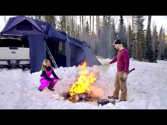 Snow Camping in our Truck Tent & Staying Warm on Cold Winter Night