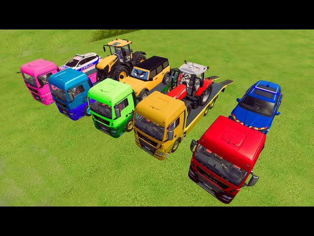 TRANSPORT BMW SCHOOL BUS & MINI HONDA TRACTOR w/ FLATBED TRAILER TO GARAGE! - BeamNG.drive