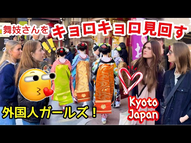 Foreign girls looking around at the maiko! Geiko and maiko in Pontocho! Gion, Kyoto, Japan.