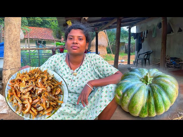 Dry prawns with pumpkin || pumpkin curry making by tribes || village tribal life