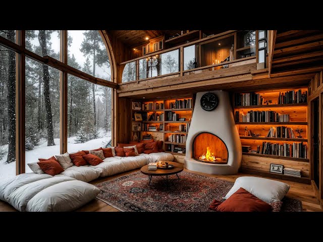 Soft Instrumental Jazz Music for Calm Winter Day - Snowy Luxury Cabin With Crackling Fireplace